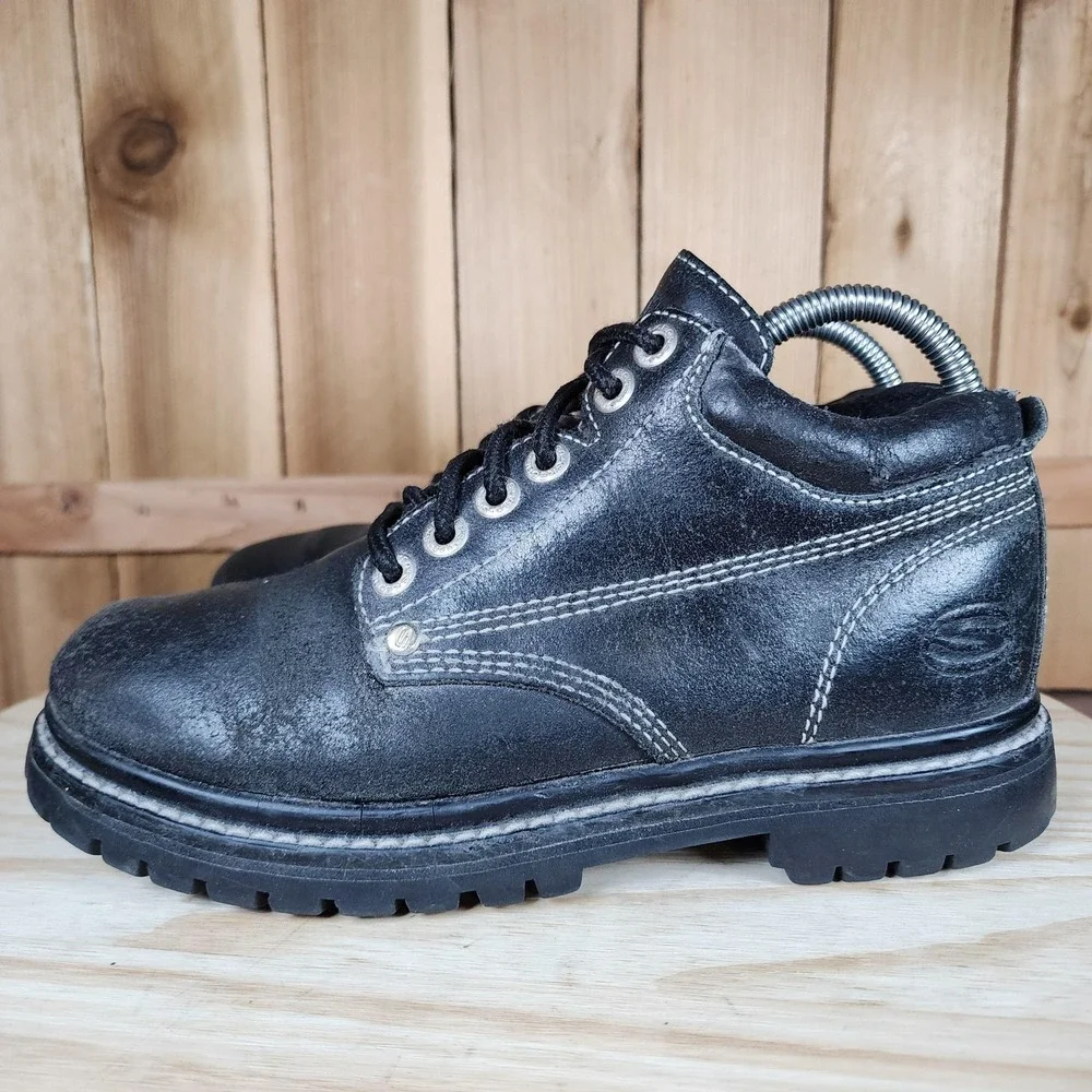 Vintage Skechers Boots Womens 7.5 Black Leather Chukka‎ Work Ankle Lug Sole